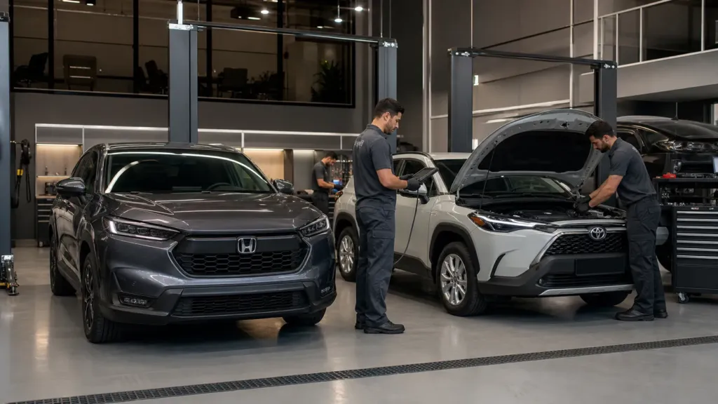 Honda HR-V e Toyota Corolla Cross em revisão preventiva com scanner em oficina especializada de Lavras MG