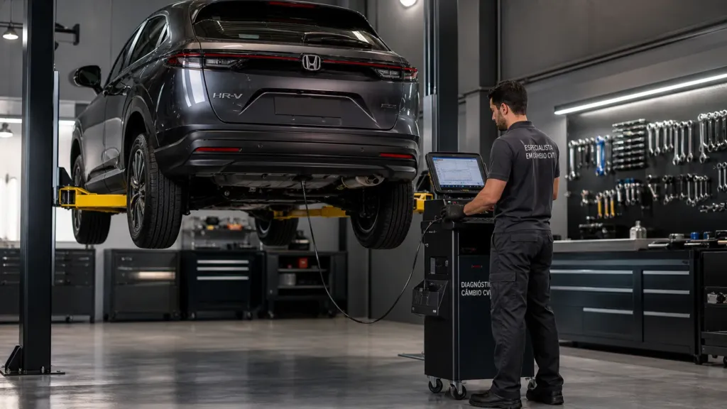 Scanner diagnóstico conectado a Honda HR-V com câmbio CVT durante revisão preventiva em Lavras MG