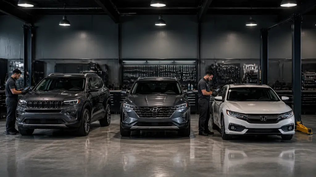 Jeep Commander, Hyundai Tucson e Honda Civic em revisão preventiva com scanner em oficina especializada de Lavras MG