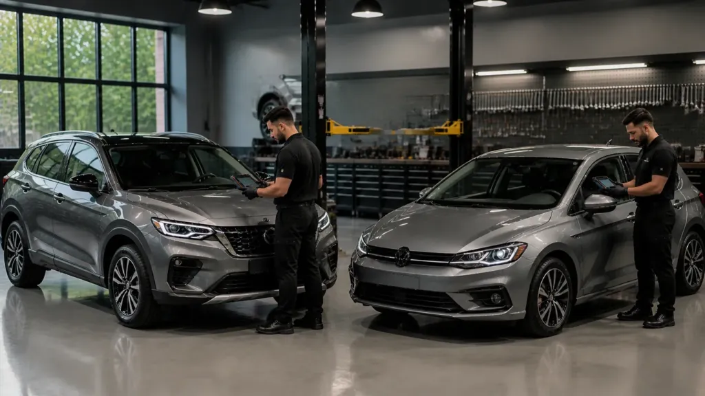 Nissan Kicks e Volkswagen Golf em revisão preventiva com scanner em oficina especializada de Lavras MG
