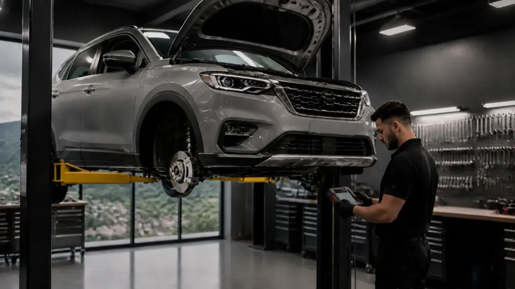 Scanner conectado ao câmbio CVT de um Nissan Kicks durante revisão preventiva em oficina especializada em Lavras MG
