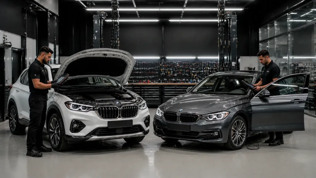 BMW X1 sDrive20i e BMW 320i em revisão preventiva com scanner em oficina especializada de Lavras MG