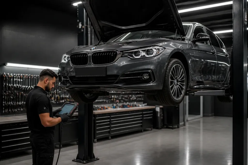 Scanner BMW conectado ao sistema híbrido do 330e durante revisão preventiva em oficina especializada em Lavras MG
