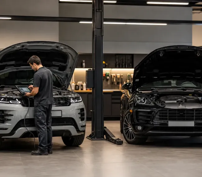 Oficina de importados de luxo em Lavras com scanner multimarca em Range Rover Evoque e Porsche Macan