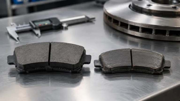 Técnico verifica a duração da pastilha de freio em SUV elevado na oficina.