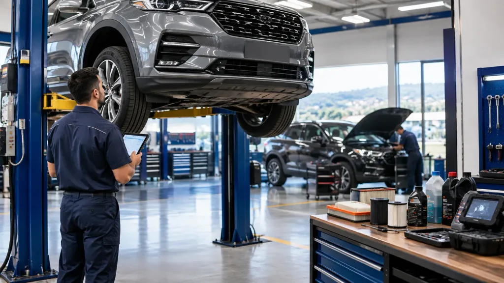 Técnico planeja manutenção preventiva x corretiva de SUV importado em oficina premium