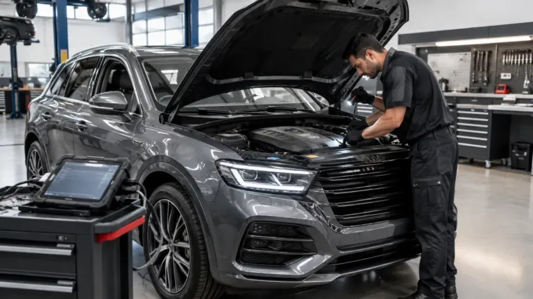 Técnico executa de checklist para revisão de SUV importado com scanner e inspeção do motor