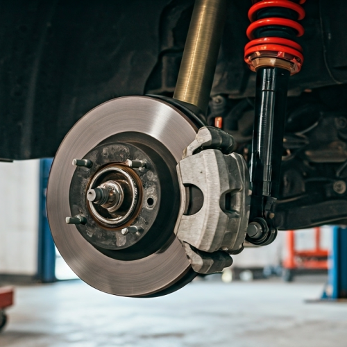 Detalhe do sistema de suspensão automotiva durante inspeção técnica na Car Tech Garage