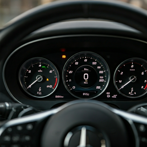 Luz de oleo aceso no painel de uma mercedes 2025. O painel com o volante e as mãos do motorista devem estar aparecendo na imagem