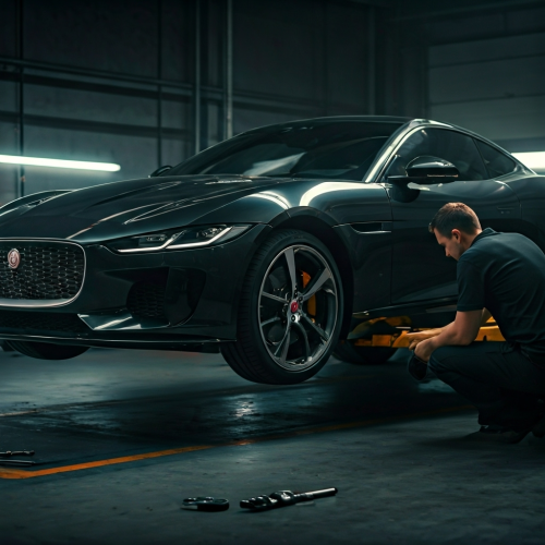 Mecanica fazendo manutenção nos freios de uma jaguar 2025