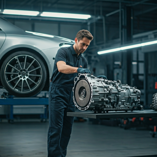 Mecanico da Car Tech trabalhando em um cambio automatico de uma mercedes ano 2025, o cambio automático esta em um balcão ao lado do carro.