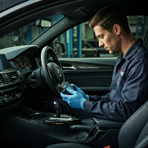 Mecanico fazendo uma diagnostico, com aparelho na mão, de módulos eletrônicos automotivos de uma BMW. O macanico está ndentro do carro, no banco do motorista, com o aparelho conctado no carro