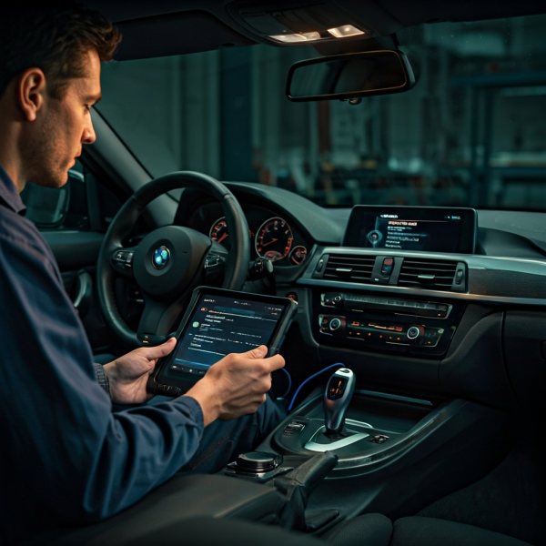 Mecanico fazendo uma diagnostico, com aparelho na mão, de módulos eletrônicos automotivos