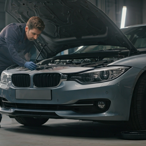 Mecanico fazendo uma reprogramação de módulos eletrônicos automotivos de uma BMW cinza