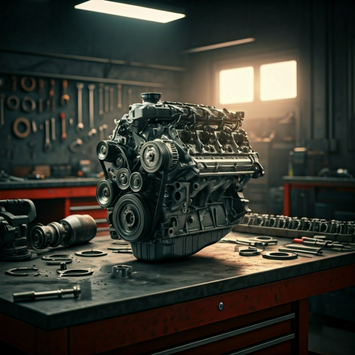 Retífica de Motor em uma BMW 2025. Motor desmontado em uma bancada na oficina