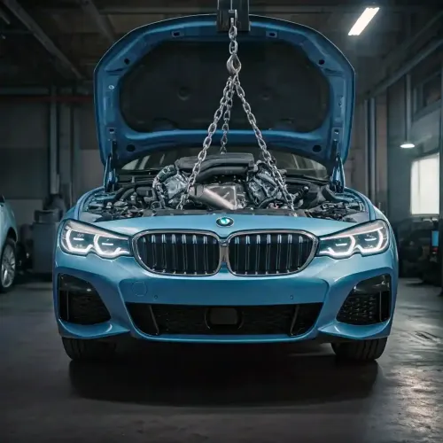Retifica-de-Motor-em-uma-BMW-2025.-Motor-sendo-retirado-do-carro-atraves-de-uma-corrente-com-gancho na cartech