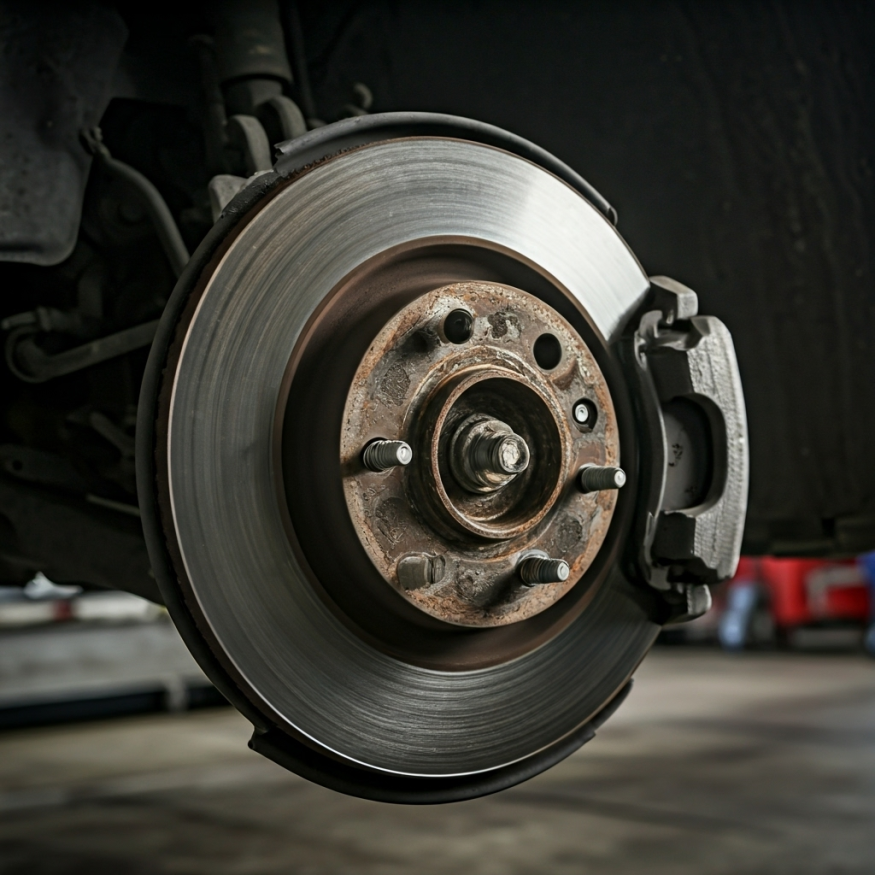 Técnico automotivo inspecionando pastilhas e discos de freio durante manutenção preventiva.