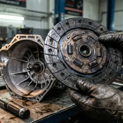Disco de fricção de Câmbio Automático Patinando severamente queimado por patinação, diagnosticado na Car Tech Garage.