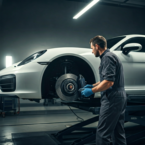 mecânico fazendo um diagnóstico da Suspensão de um porche 2025, o carro está no elevador, sem a roda para ser avaliada sua suspensão dianteira