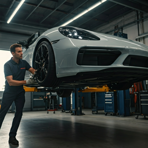 mecânico fazendo um diagnóstico da Suspensão de um porche 2025