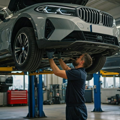 mecanico trocando oleo de motor de um carro BMW 2025 dentro de uma oficina